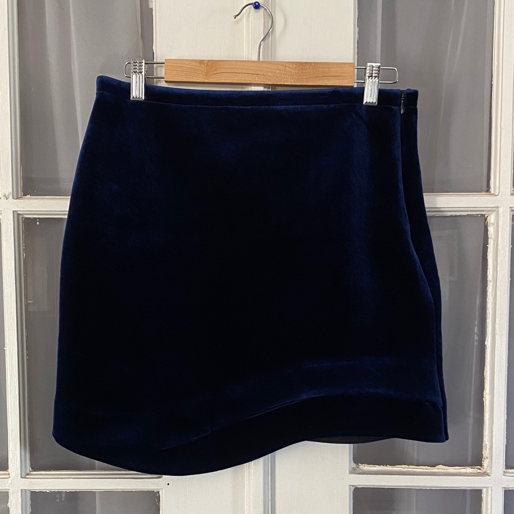 Topshop Navy Asymmetrical Velvet Mini Skirt